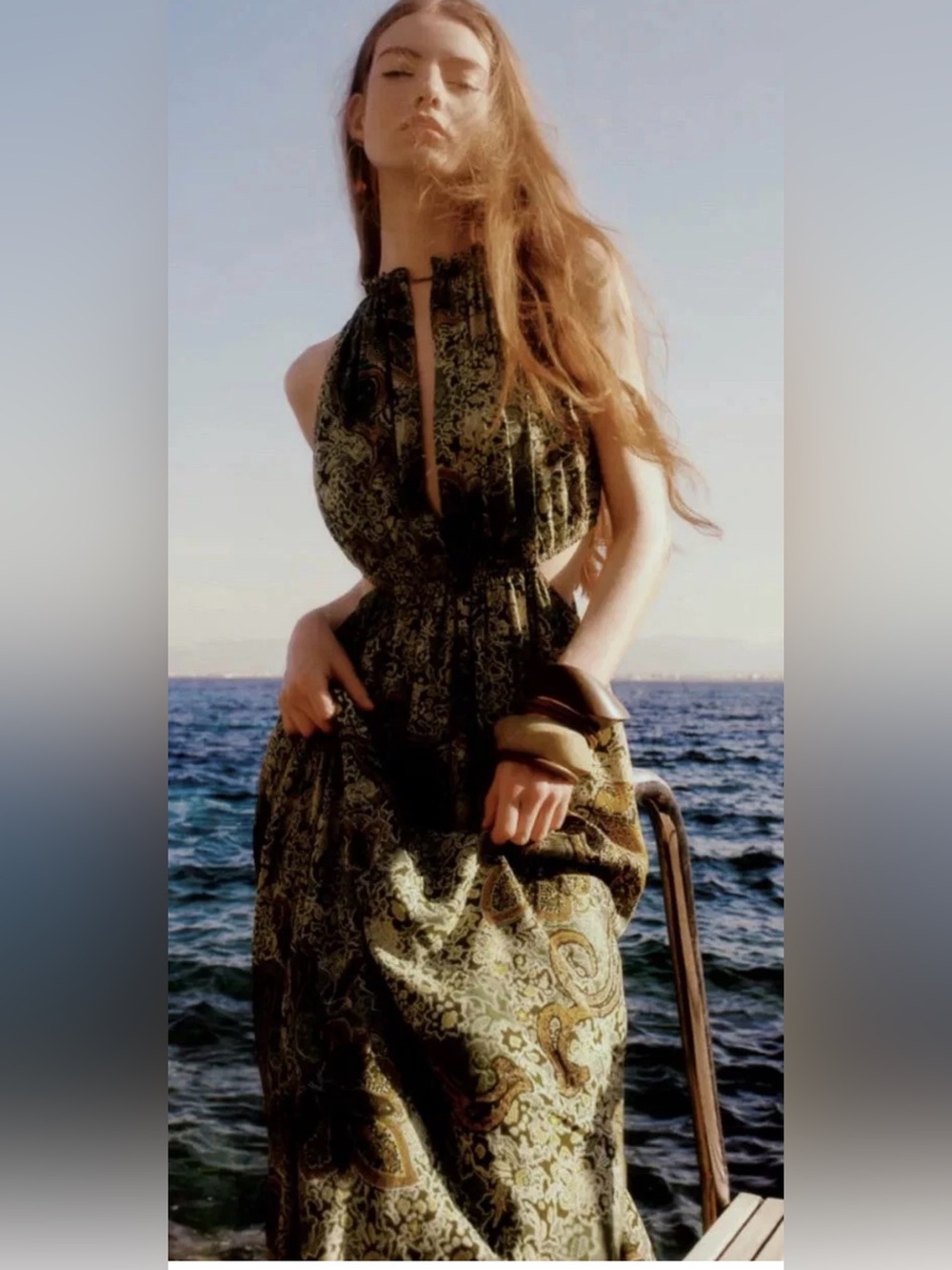 Zara Olive Paisley Halter Maxi Dress with Keyhole